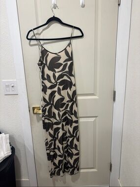 See You Monday Beige Slip Dress with Brown Leaf Print